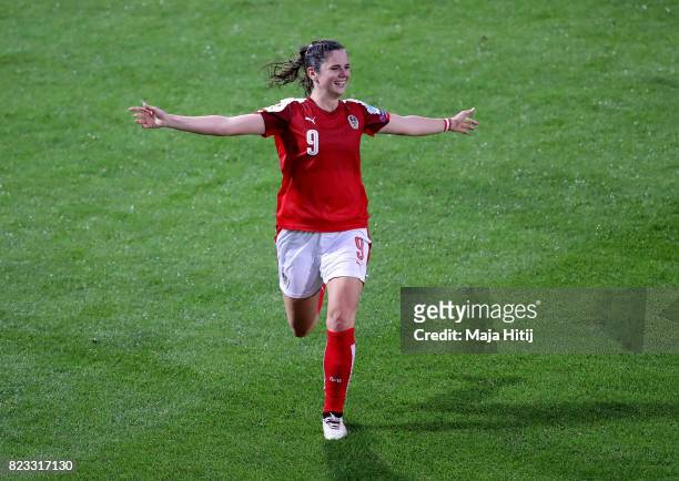 Sarah Zadrazil of Austria celebrates after she scores the opening goal during the Group C match between Iceland and Austria during the UEFA Women's...