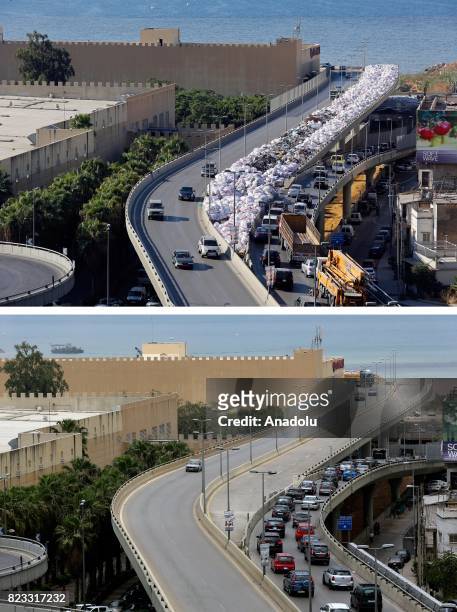 Before and after photos of Lebanese garbage crisis show rubbish bags piled up on the side of the road on a bridge and the road after the garbages...