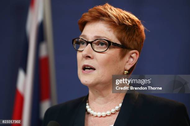 Australian Defense Minister, Marise Payne attends a press conference on July 27, 2017 in Sydney, Australia. The British Foreign Secretary and former...