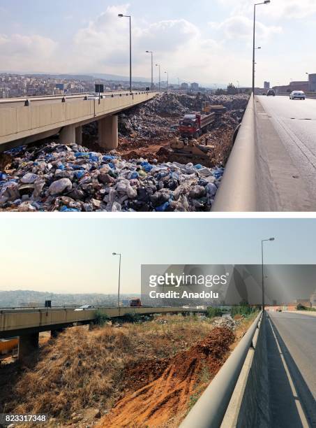 Before and after photos of Lebanese garbage crisis show rubbish bags piled up on the side of the road and the road after the garbages removed, in...