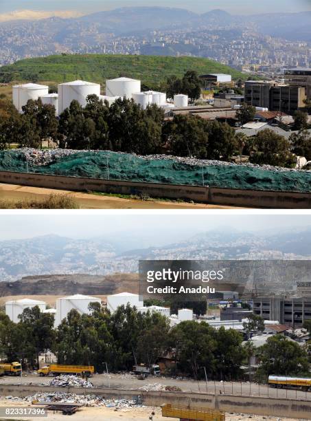 Before and after photos of Lebanese garbage crisis show rubbish bags piled up in Quarantine region of Beirut Port and the port after the garbages...