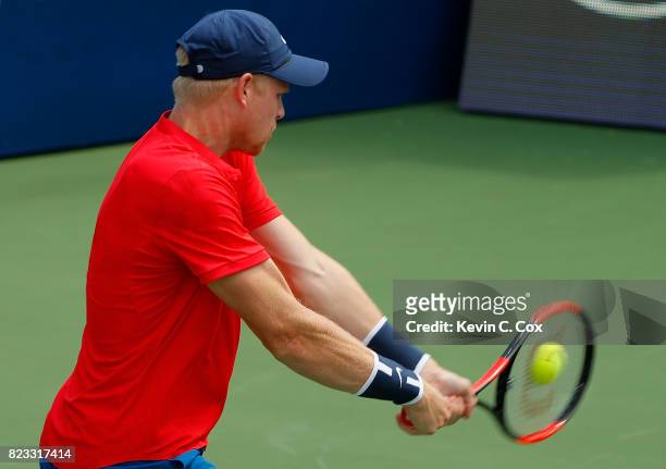Kyle Edmund of Great Britain returns a backhand against Marcos Baghdatis of Cyprus during the BB&T Atlanta Open at Atlantic Station on July 25, 2017...