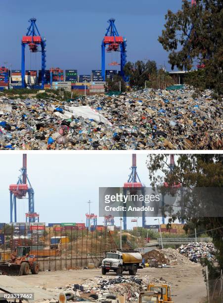 Before and after photos of Lebanese garbage crisis show rubbish bags piled up in Quarantine region of Beirut Port and the port after the garbages...