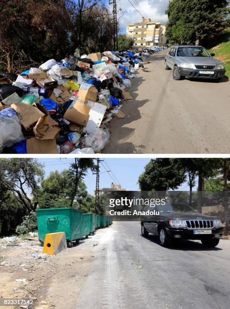 Before and after photos of Lebanese garbage crisis show rubbish bags piled up on the side of the road and the road after the garbages removed, in...