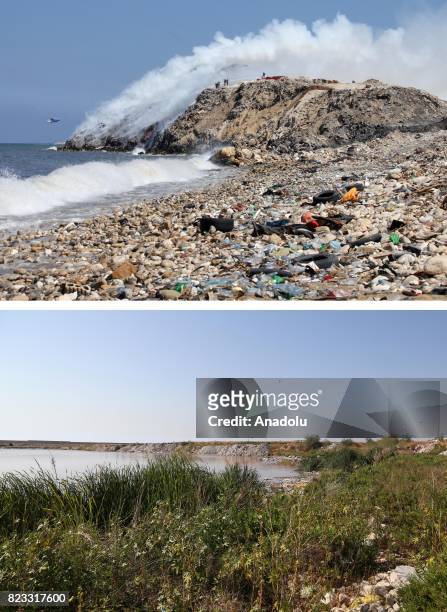 Before and after photos of Lebanese garbage crisis show stranded garbage at the beach and the beach after the garbages removed, in Saida, Lebanon on...