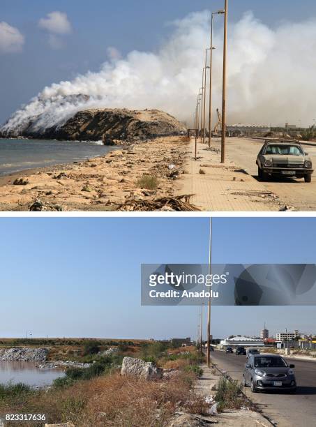 Before and after photos of Lebanese garbage crisis show stranded garbage on the side of the road and the road after the garbages removed, in Saida,...