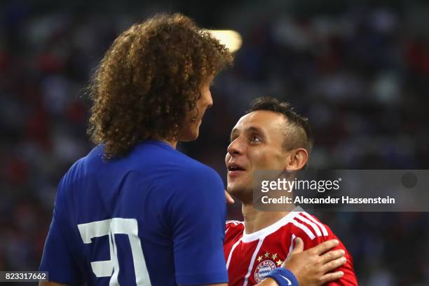 Rafinha of Bayern Muenchen talks to David Luiz of Chelsea after the International Champions Cup 2017 match between Bayern Muenchen and Chelsea FC at...