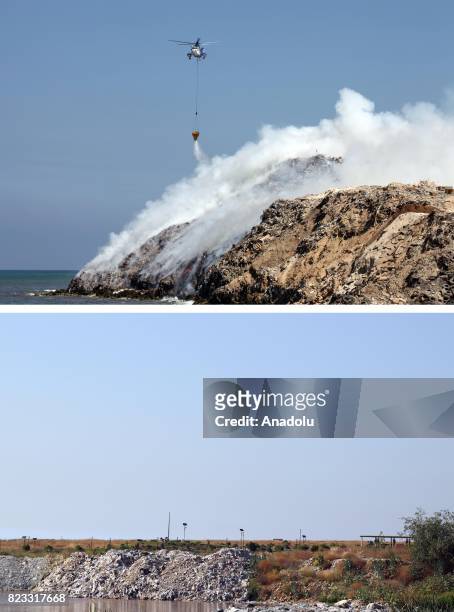 Before and after photos of Lebanese garbage crisis show stranded garbage on the side of the rock and the same region after the garbages removed, in...