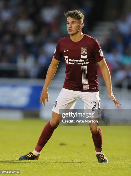 Regan Poole of Northampton Town in action during the Pre-Season Friendly match between Northampton Town and Derby County at Sixfields on July 25,...