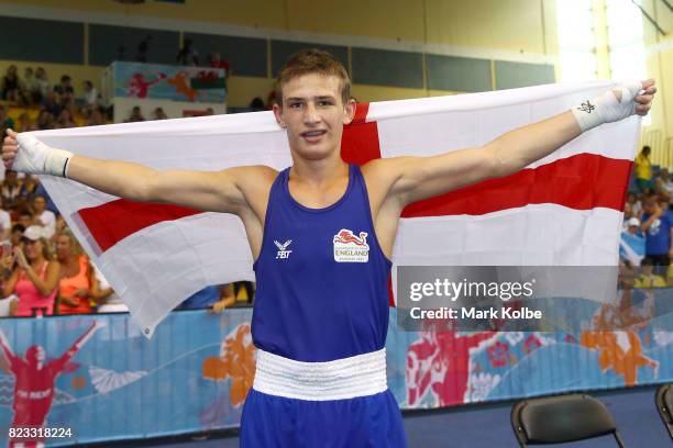 Charles Frankham of England celebrates victory in the Boy's 60 kg Gold Medal bout between Charles Frankham of England and Luke Clague of Australia on...