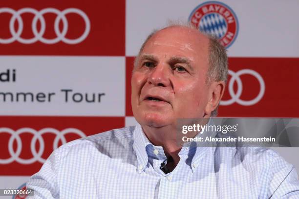 Uli Hoeness, President of FC Bayern Muenchen talks to the meida at a press conference at JW Marriott Singapore South Beach Hotel during the Audi...