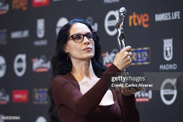 Actress Sonia Braga receives the 'Best Actress' award for the movie 'Aquarius' during the 'Platino Awards 2017' at La Caja Magica on July 22, 2017 in...