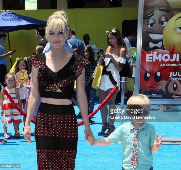 Actress Anna Faris and son Jack Pratt attend the premiere of Columbia Pictures and Sony Pictures Animation's "The Emoji Movie" at the Regency Village...