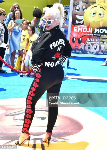 Christina Aguilera arrives at the Premiere Of Columbia Pictures And Sony Pictures Animation's "The Emoji Movie" at Regency Village Theatre on July...