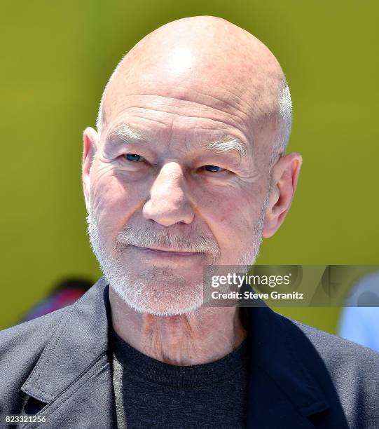 Sir Patrick Stewart arrives at the Premiere Of Columbia Pictures And Sony Pictures Animation's "The Emoji Movie" at Regency Village Theatre on July...