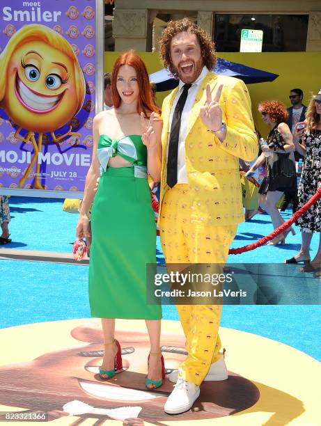 Actor T.J. Miller and wife Kate Gorney attend the premiere of "The Emoji Movie" at Regency Village Theatre on July 23, 2017 in Westwood, California.