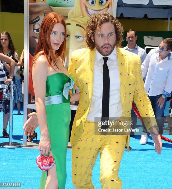 Actor T.J. Miller and wife Kate Gorney attend the premiere of "The Emoji Movie" at Regency Village Theatre on July 23, 2017 in Westwood, California.