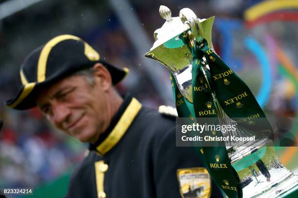 Gards King Carl XVI Gustaf of Swedene of the Rolex Grand Prix trophy during the Rolex Grand Prix of during the Rolex Grand Prix of CHIO Aachen 2017...