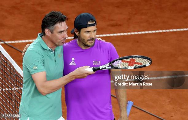 Tommy Haas of Germany and Michael Stich of Germany pose during the Manhagen Classics against Michael Stich of Germany at Rothenbaum on July 23, 2017...