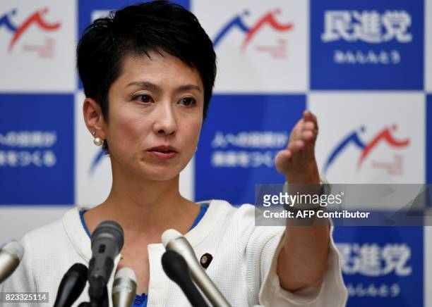 Opposition Democratic Party of Japan leader Renho gestures to a journalist during a press conference at the parliament in Tokyo on July 27, 2017....