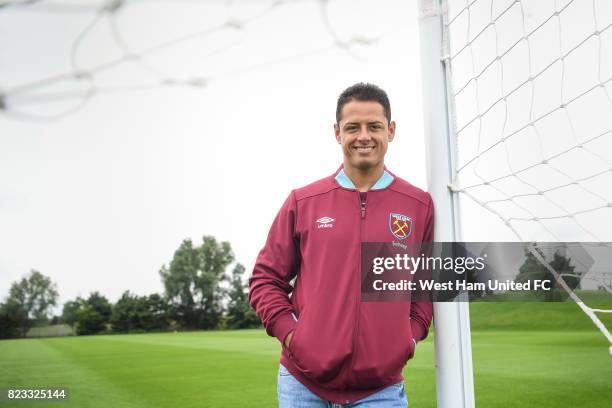 Javier Hernandez looks on as he is unveiled as a West Ham United player on July 24, 2017 in London, England.