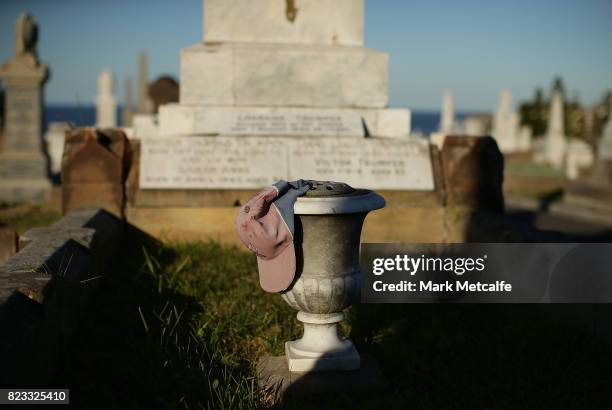 Victor Trumper's grave at Waverley Cemetery on July 25, 2017 in Sydney, Australia. The Australian batsman Victor Thomas Trumper was born on November...