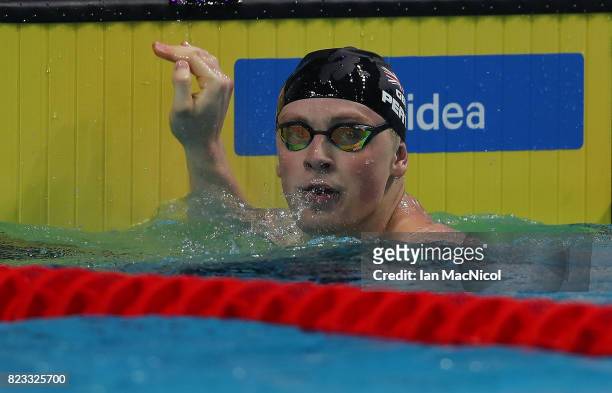 Adam Peaty of Great Britain competes in the final of Men's 100m Breaststroke on day eleven of the FINA World Championships at the Duna Arena on July...