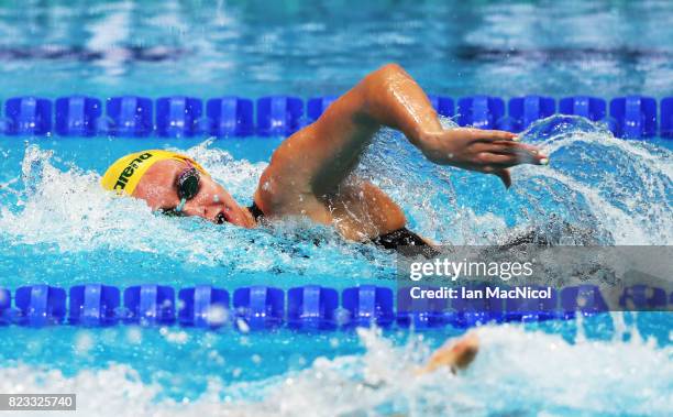 Ariarne Titmus of Australia competes in the heats of the Women's 200m Freestyle day twelve of the FINA World Championships at the Duna Arena on July...