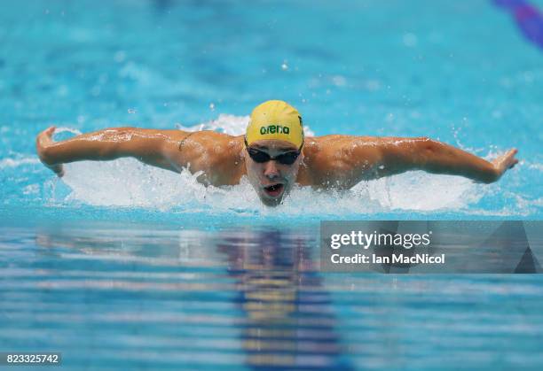 Grant Irvine of Australia competes in the heats of the Men's 200m Butterfly during day twelve of the FINA World Championships at the Duna Arena on...