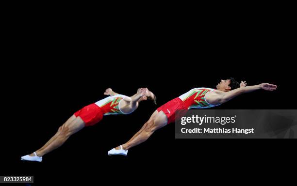 Diogo Ganchinho and Diogo Abreu of Portugal compete during the Trampoline Synchronized Men Qualification of The World Games at Centennial Hall on...