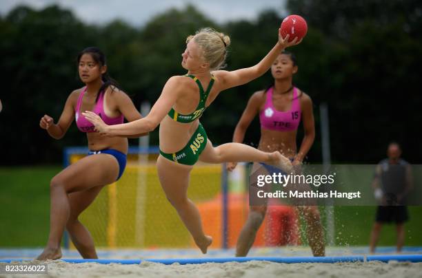 Heather Cooper of Australia takes a shot during the Beach Handball Women's Group B match between Australia and Chinese Taipei of The World Games at...