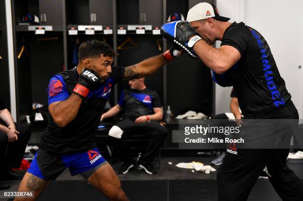 Dennis Bermudez warms up backstage during the UFC Fight Night event inside the Nassau Veterans Memorial Coliseum on July 22, 2017 in Uniondale, New...