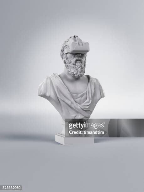 classic statue of a man wearing a vr headset - idea studio shot fotografías e imágenes de stock