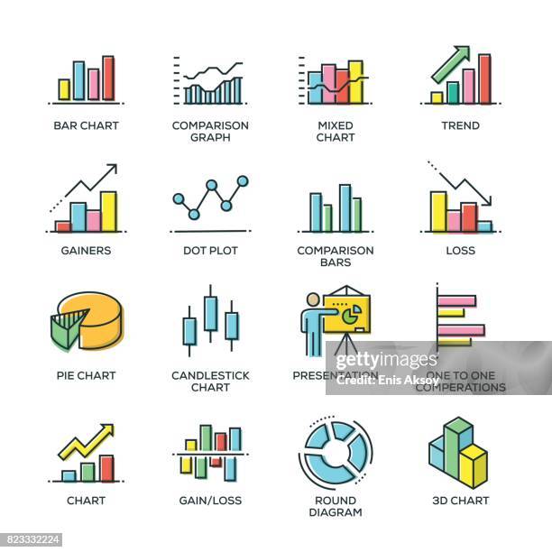 graph and diagram line icon set - bar chart stock illustrations
