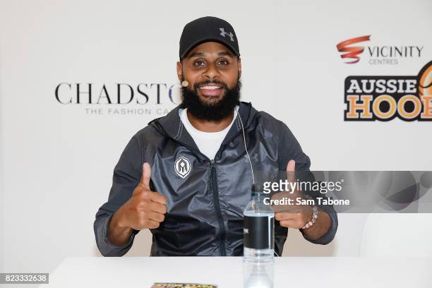 Patty Mills poses during a signing at Chadstone on July 27, 2017 in Melbourne, Australia.