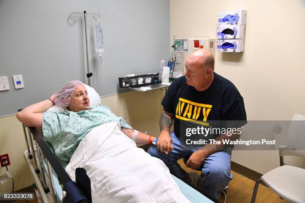 Melissa Davis Gilbert talks with her husband, Dan, before surgery May 24, 2017 in Rockville, MD. Melissa Davis Gilbert has had the Essure device for...
