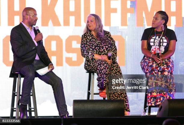 Van Jones, Marta Kauffman and YoNasDa LoneWolf speak during VAN JONES WE RISE TOUR powered by #LoveArmy at Hollywood Palladium on July 26, 2017 in...