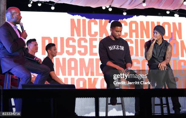 Van Jones, Nnamdi Asomugha and Nick Cannon onstage during VAN JONES WE RISE TOUR powered by #LoveArmy at Hollywood Palladium on July 26, 2017 in Los...