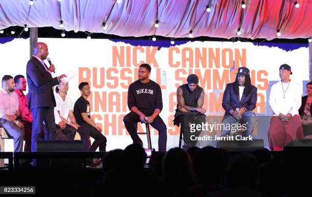 Van Jones, Nnamdi Asomugha, Nick Cannon, Shaka Senghor and Russell Simmons speak during VAN JONES WE RISE TOUR powered by #LoveArmy at Hollywood...