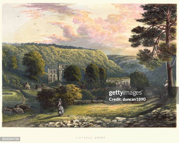 view of rievaulx abbey, 19th century - yorkshire england stock illustrations