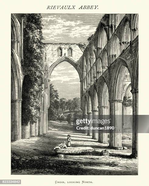 rievaulx abbey, the choir,  north yorkshire, 19th century - rievaulx abbey stock illustrations