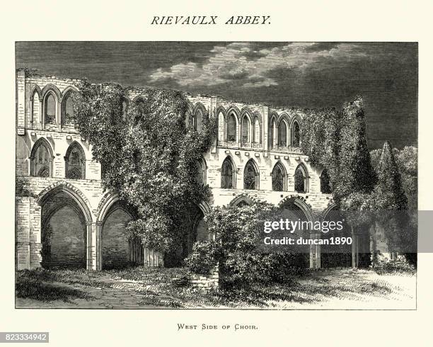 rievaulx abbey, west side of choir, north yorkshire - rievaulx abbey stock illustrations