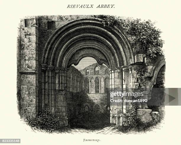 rievaulx abbey, refectory, north yorkshire, 19th century - rievaulx abbey stock illustrations