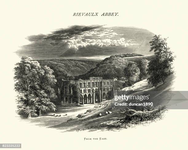 rievaulx abbey, north yorkshire, 19th century - rievaulx abbey stock illustrations