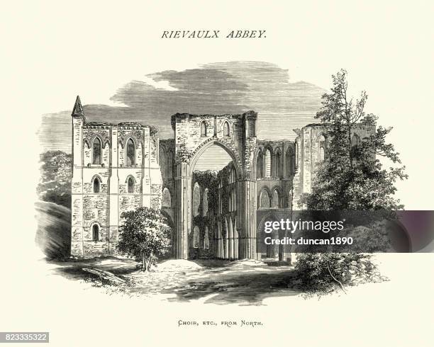 rievaulx abbey, the choir,  north yorkshire, 19th century - rievaulx abbey stock illustrations