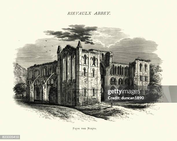 rievaulx abbey from the north, north yorkshire, 19th century - rievaulx abbey stock illustrations