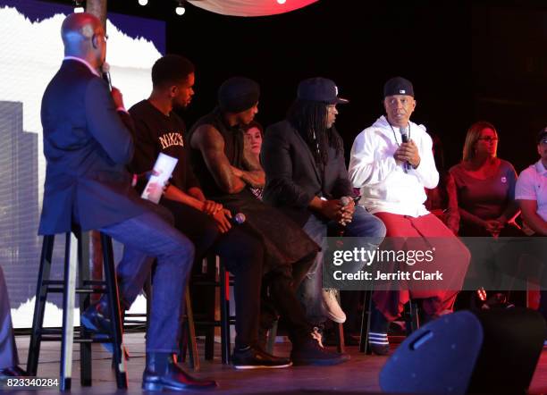 Van Jones, Nnamdi Asomugha, Nick Cannon, Shaka Senghor and Russell Simmons speak during VAN JONES WE RISE TOUR powered by #LoveArmy at Hollywood...