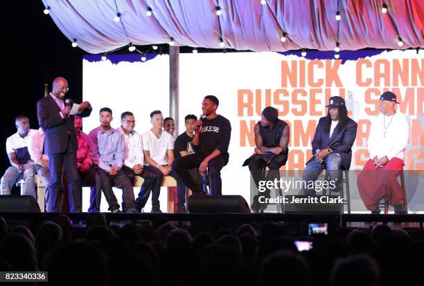 Van Jones, Nnamdi Asomugha, Nick Cannon, Shaka Senghor and Russell Simmons speak during VAN JONES WE RISE TOUR powered by #LoveArmy at Hollywood...