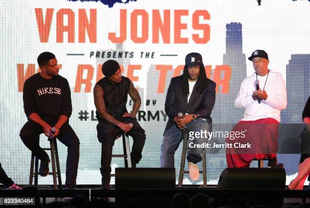 Nnamdi Asomugha, Nick Cannon, Shaka Senghor and Russell Simmons speak during VAN JONES WE RISE TOUR powered by #LoveArmy at Hollywood Palladium on...