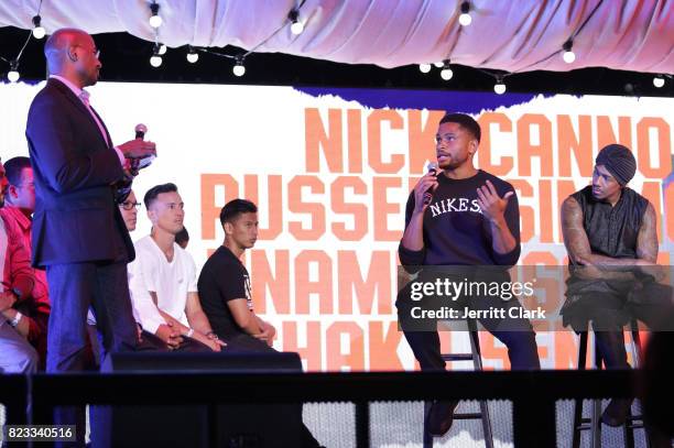 Van Jones, Nnamdi Asomugha and Nick Cannon onstage during VAN JONES WE RISE TOUR powered by #LoveArmy at Hollywood Palladium on July 26, 2017 in Los...